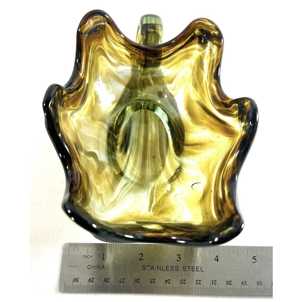 Sooner Art Glass Bowl Hand Blown Amber Swirl with Spiral Handle 7” Long - Picture 6 of 8